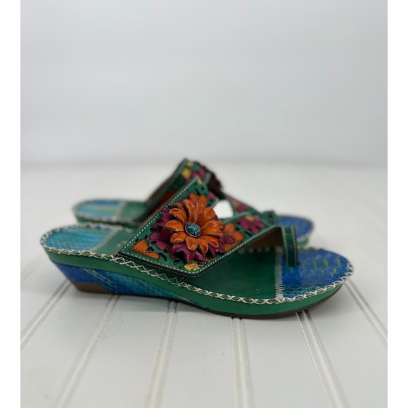 Spring Step L'ARTISTE Vardi Colorful Floral Sandals Slides Leather Wedge Size 39 - Picture 3 of 9